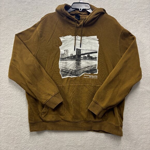 H&M Hoodie Mens XL Long Sleeve Brown Brooklyn Bridge Graphic Cozy Black Label - Picture 1 of 6